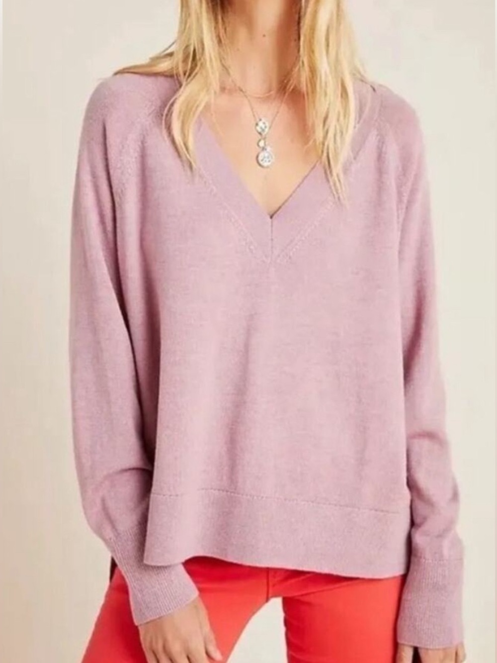 Anthropologie S 100% merino wool gabby oversized sweater v-neck high low hemline